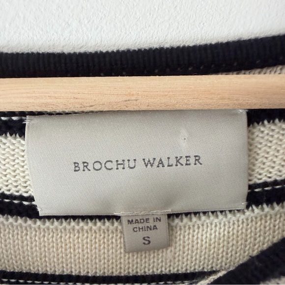 Brochu Walker Ivory & Black Stripe Knit Pima Cotton Sweater With Elbow Patches - Picture 3 of 8